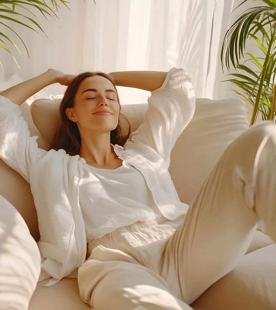 Eine Frau mit beiger Hose und weißem Shirt und Jacke entspannt liegend auf einer Couch, die Arme hinter dem Kopf verschränkt.