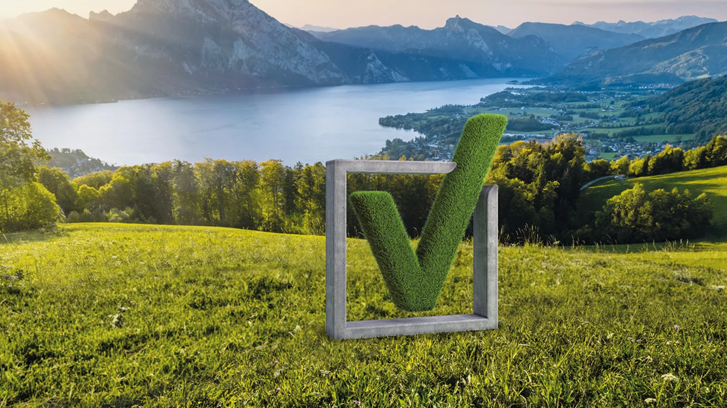 Die 3D-Bildmarke der VKB eingebettet in eine Wiesen-Landschaft, im Hintergrund sieht man Berge und einen See.