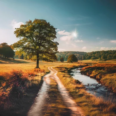 Ein Weg in der Natur, daneben zu sehen sind ein Baum und ein Bach.
