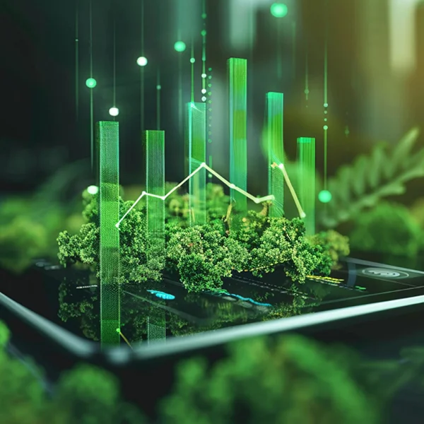 Bild eines Tablets in einer Wiese, aus dem Bildschirm wachsen ebenfalls Bäume und Sträucher.