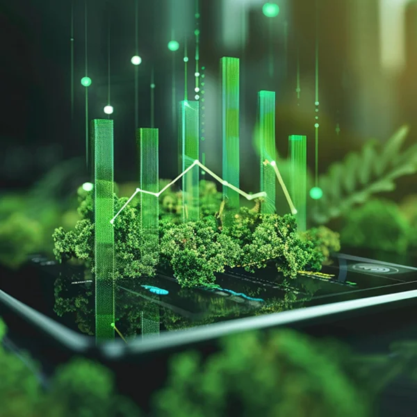 Ein Tablet das in einer Wiese liegt, aus dem Bildschirm wachsen Gräser und Bäume.