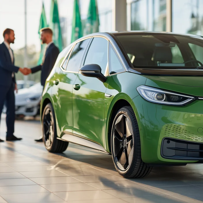 Ein geleastes KFZ, im Hintergrund zwei Männer, die sich die Hände schütteln