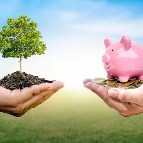 Foto von zwei Händen: die eine Hand hält Erde, aus der ein Baum wächst; die andere hält einige Münzen und darauf steht ein rosa Sparschwein.