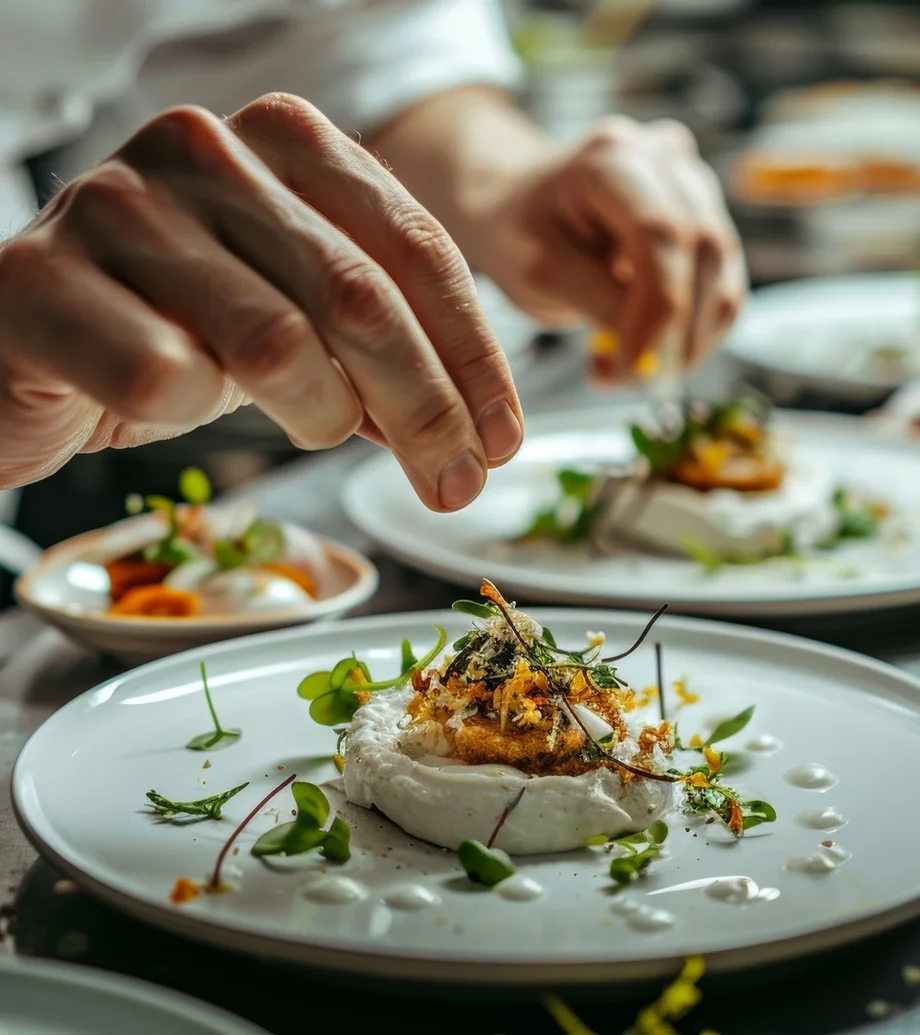 Die präzisen Hände eines Küchenchefs verzieren eine Vorspeise mit frischen Kräutern im dynamischen Ambiente einer Spitzenrestaurantküche.