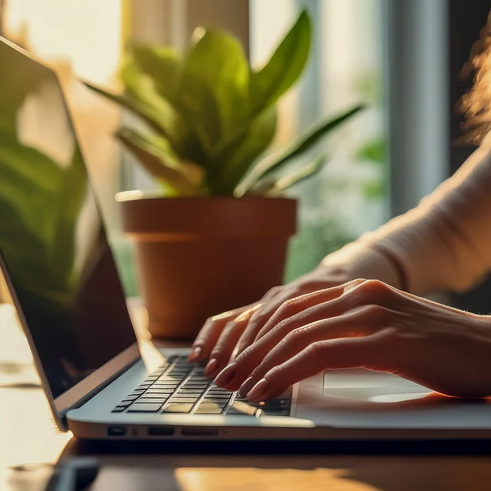 Close-up-Foto von Händen, die gerade auf einem Laptop tippen - im Hintergrund steht eine Topfpflanze.