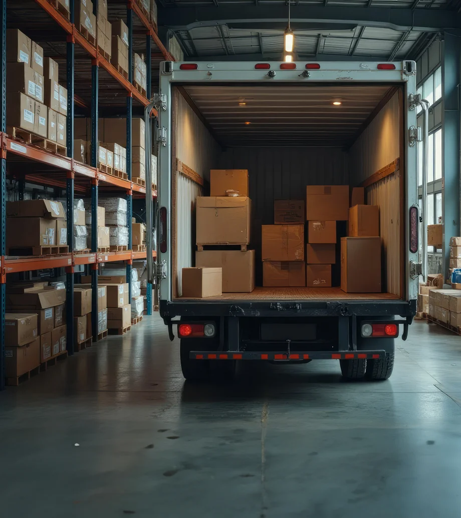 Foto eines LKW in einer Lagerhalle, man sieht, dass dieser viele Kisten und Pakete geladen hat.