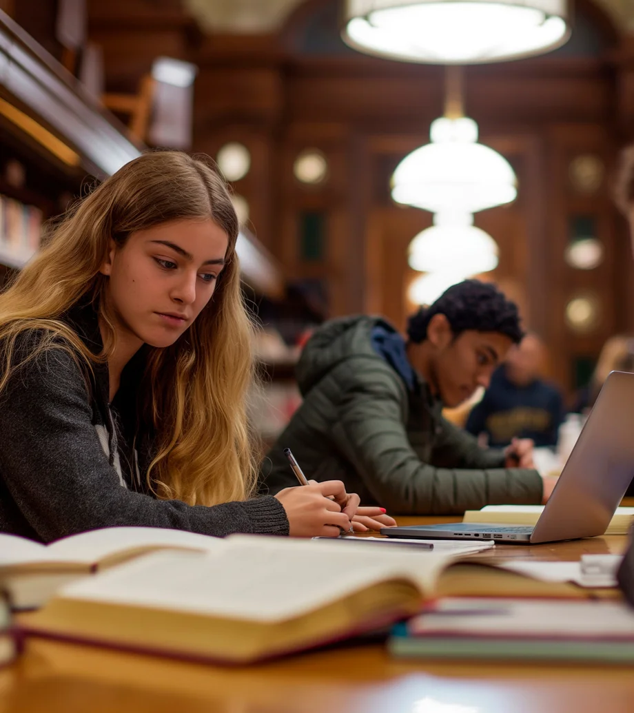 Universitätsstudenten sitzen zusammen am Tisch mit Büchern und Laptop in der High-School-Bibliothek im College.