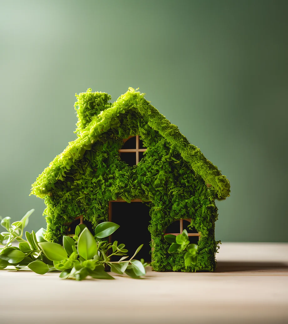 Foto eines Modellhauses, die gesamte Fassade ist mit Moos bewachsen.