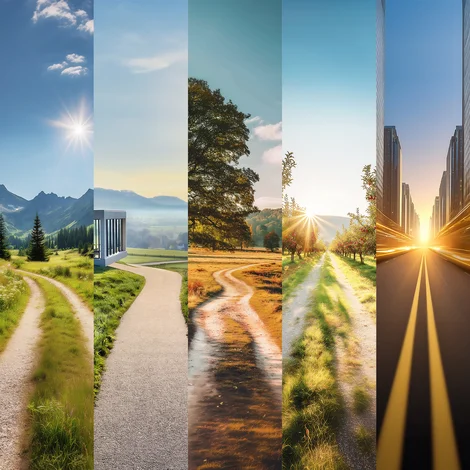 Ein Foto das die 4 Imagebilder der VKB PLUS FONDS vereint. Alle Bilder zeigen Natur und einen Weg oder eine Straße.