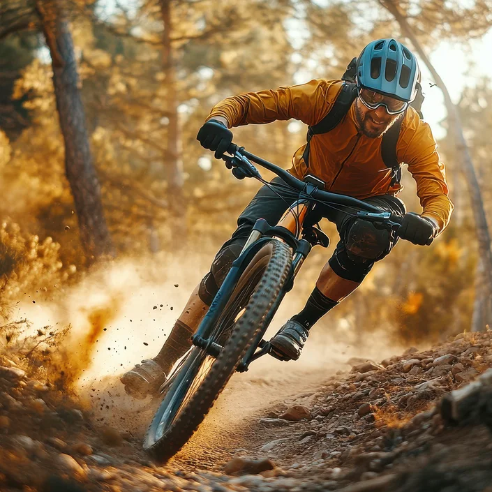 Foto eines Mountainbikers, der sich gerade in die Kurve legt.