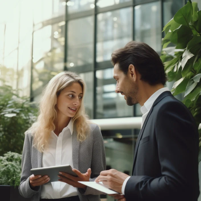 Foto einer Frau und eines Mannes im Business-Outfit, beide halten ein Tablet in ihrer Hand, sie stehen draußen vor reinem Gebäude. Im HIntergrund sind auch Pflanzen zu sehen.