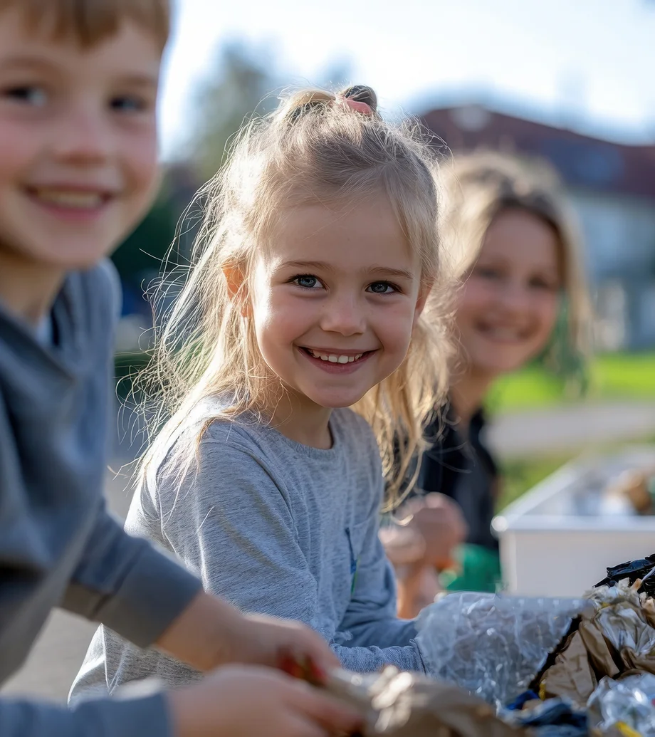 Ein herzerwärmendes Bild von Kindern, die fröhlich an einer Aufräumaktion im Freien teilnehmen und dabei ihre Begeisterung und ihr Engagement für den Umweltschutz durch Teamarbeit zeigen.