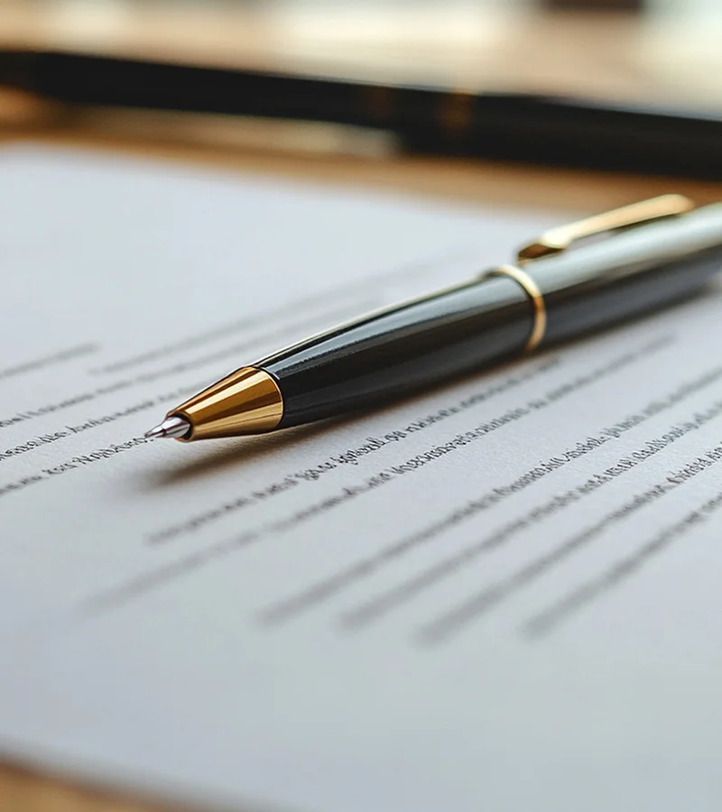 Ein edler schwarzer Stift mit goldenen Details liegt auf einem Blatt Papier auf einem Schreibtisch.