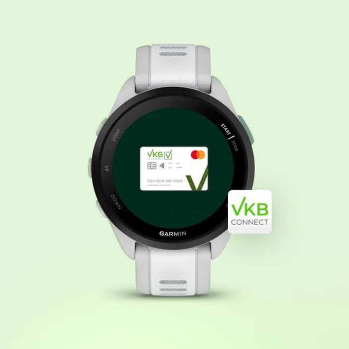Abbildung einer Garmin Uhr, auf der die VKB Zunftskonto-Karte angezeigt wird