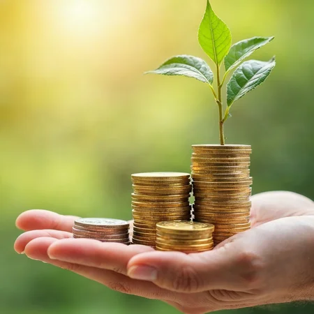 Foto einer ausgestreckten Handfläche mit 4 unterschiedlich großen Münzstapeln, aus dem höchsten wächst eine Pflanze, der Hintergrund ist grünlich verschwommen.