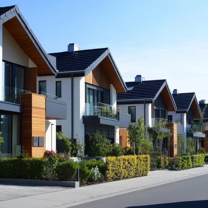 Foto einer modernen Reihenhaussiedlung.