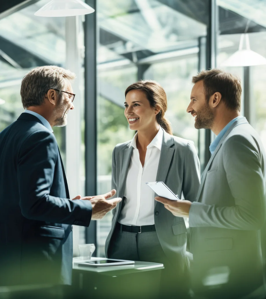 Drei Personen, im Business-Outfit, die an einem Tisch zusammenstehen und diskutieren: 2 Männer und 1 Frau.