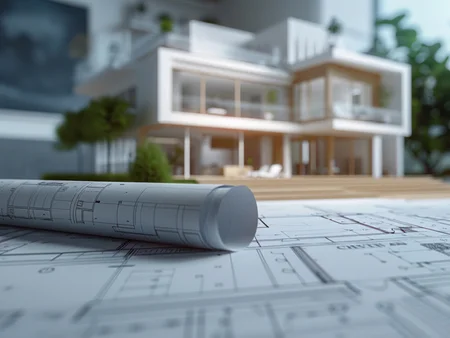 Foto eines Modellhauses, das auf einem Architektenplan liegt.