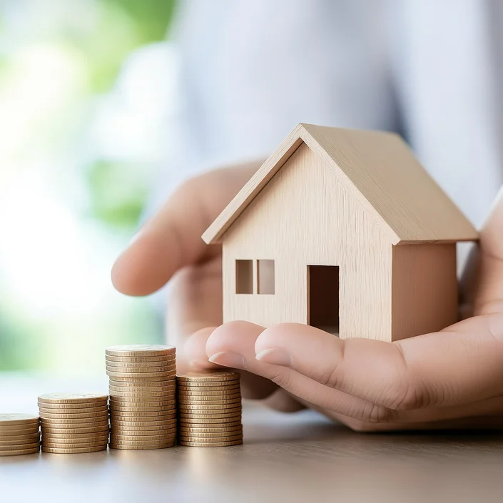 Foto einer Hand, die ein kleines Holzhaus hält, daneben sind unterschiedlich hohe Münzstapel zu sehen.