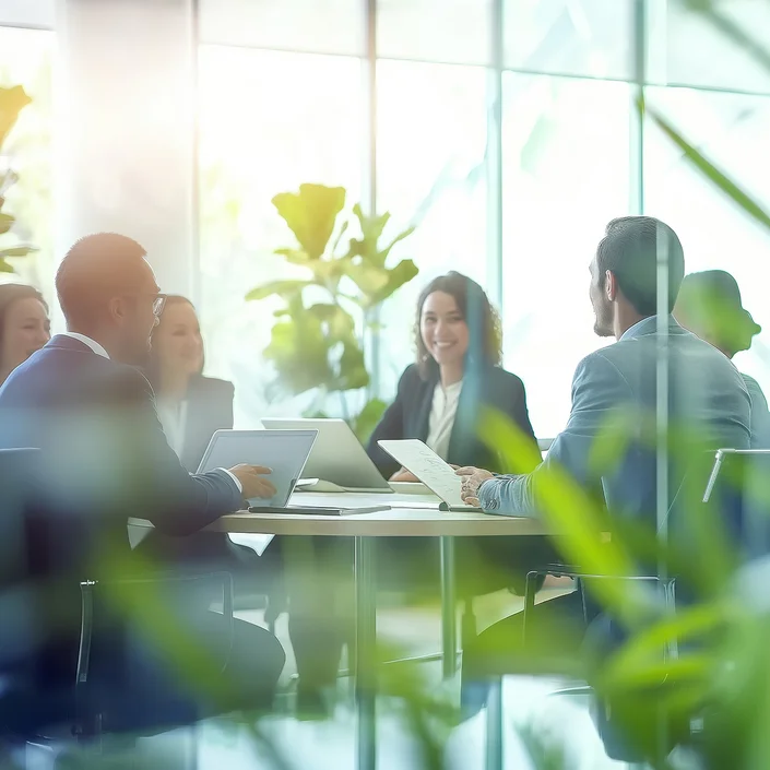 6 Personen im Business-Outfit an einem Tisch, die gerade ein Meeting abhalten. Davor und im Hintergrund sieht man Pflanzen, die ins Bild ragen.