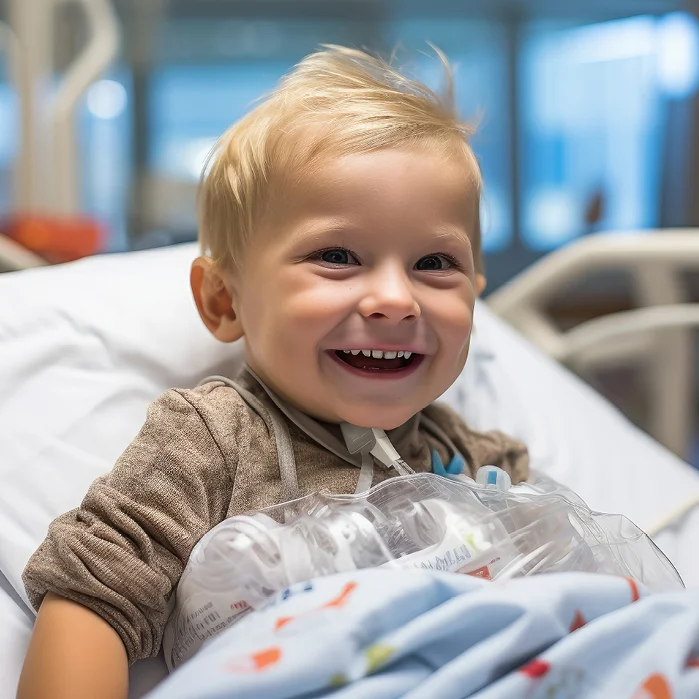 Foto eines kleinen blonden kurzhaarigen Buben in einem Krankenhausbett.
