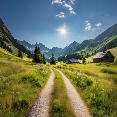 Ein Weg in der Natur, zu sehen sind Bäume und ein blauer Himmel.