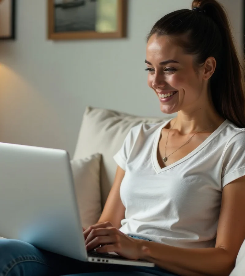 Eine Frau im weißen T-Shirt mit Zopf sitz mit Laptop auf der Couch.