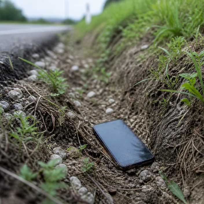 Ein Handy im Straßengraben