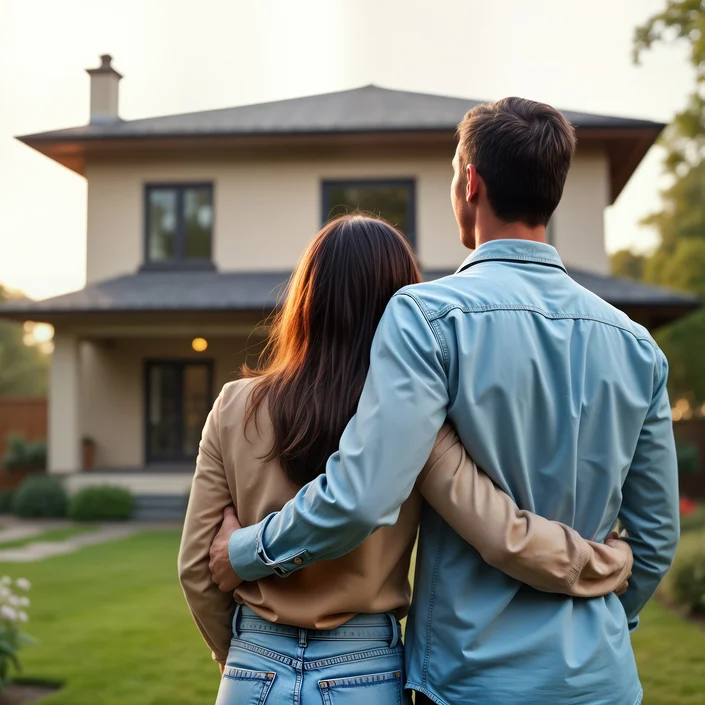 Foto eines Pärchens von hinten, die sich in den Armen halten und dabei ihr Eigenheim anschauen.