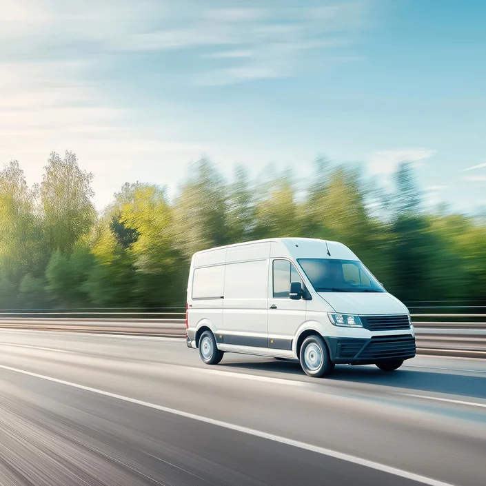 Foto eines weißen Transporters auf einer Straße, im Hintergrund sieht man Bäume. Der Hintergrund ist leicht verschwommen.