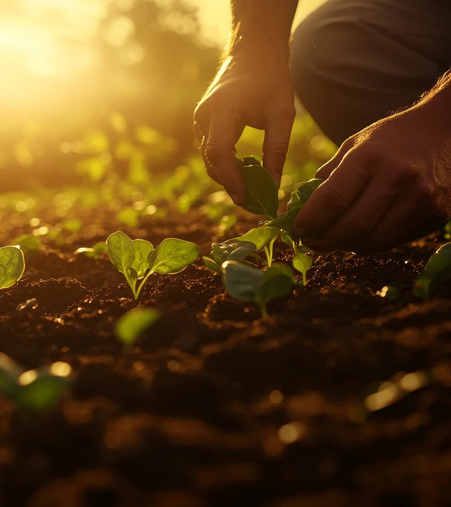 Close-up-Foto: Ein Bauer kniet bei Sonnenuntergang in fruchtbarer Erde und pflanzt vorsichtig Spinatsetzlinge, während die Sonne das leuchtende Grün erhellt und so seine Hingabe zur Landwirtschaft zeigt.