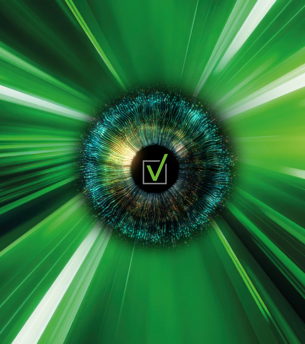 Ein Auge mit der VKB-Bildmarke in der Mitte auf grünem, dynamischen Hintergrund