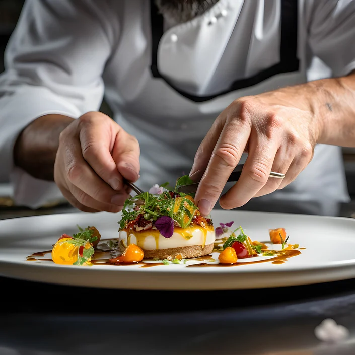 Eine Nahaufnahme der Hände eines Kochs, der in einer geschäftigen Küche Zutaten fachmännisch zubereitet.