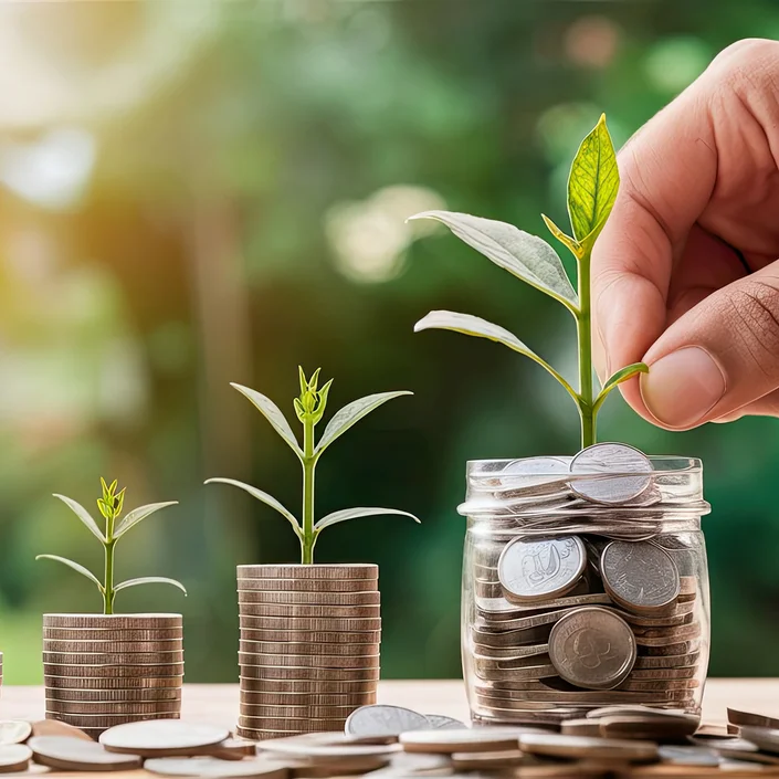 Foto mit 2 kleineren Münzstapeln aus denen eine Pflanze wächst, daneben ein etwas größeres Glas voller Münzen, aus der eine größere Pflanze wächst.
