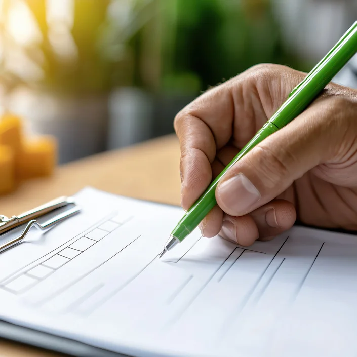 Close-up-Foto einer Hand die einen grünen Stift hält und auf einen Zettel auf einem Klemmbrett schreibt.