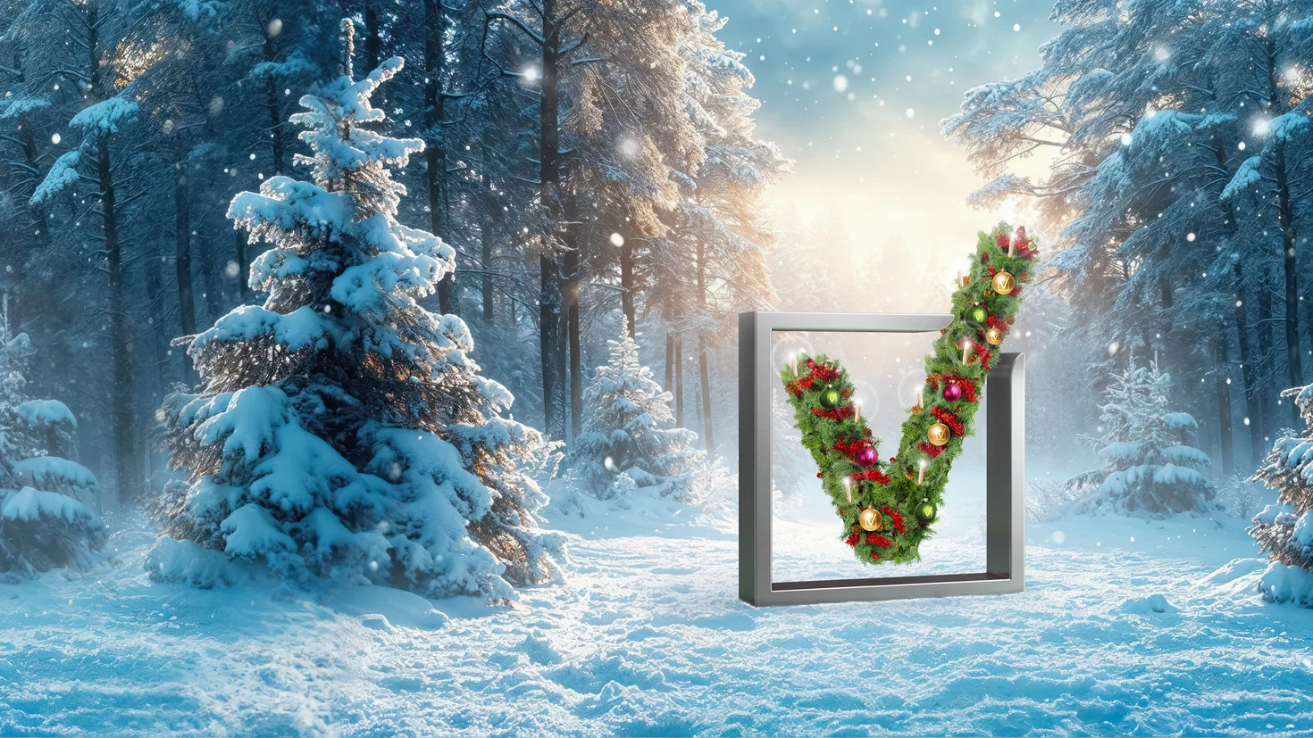 Die VKB Bildmarke weihnachtlich geschmückt, eingebettet in eine Winterlandschaft mit Schnee.