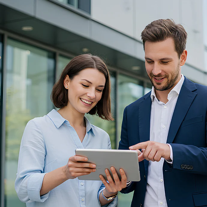 Zwei Personen im Businessoutfit, die Frau hält ein Tablet in der Hand, der Mann zeigt auf den Bildschirm.