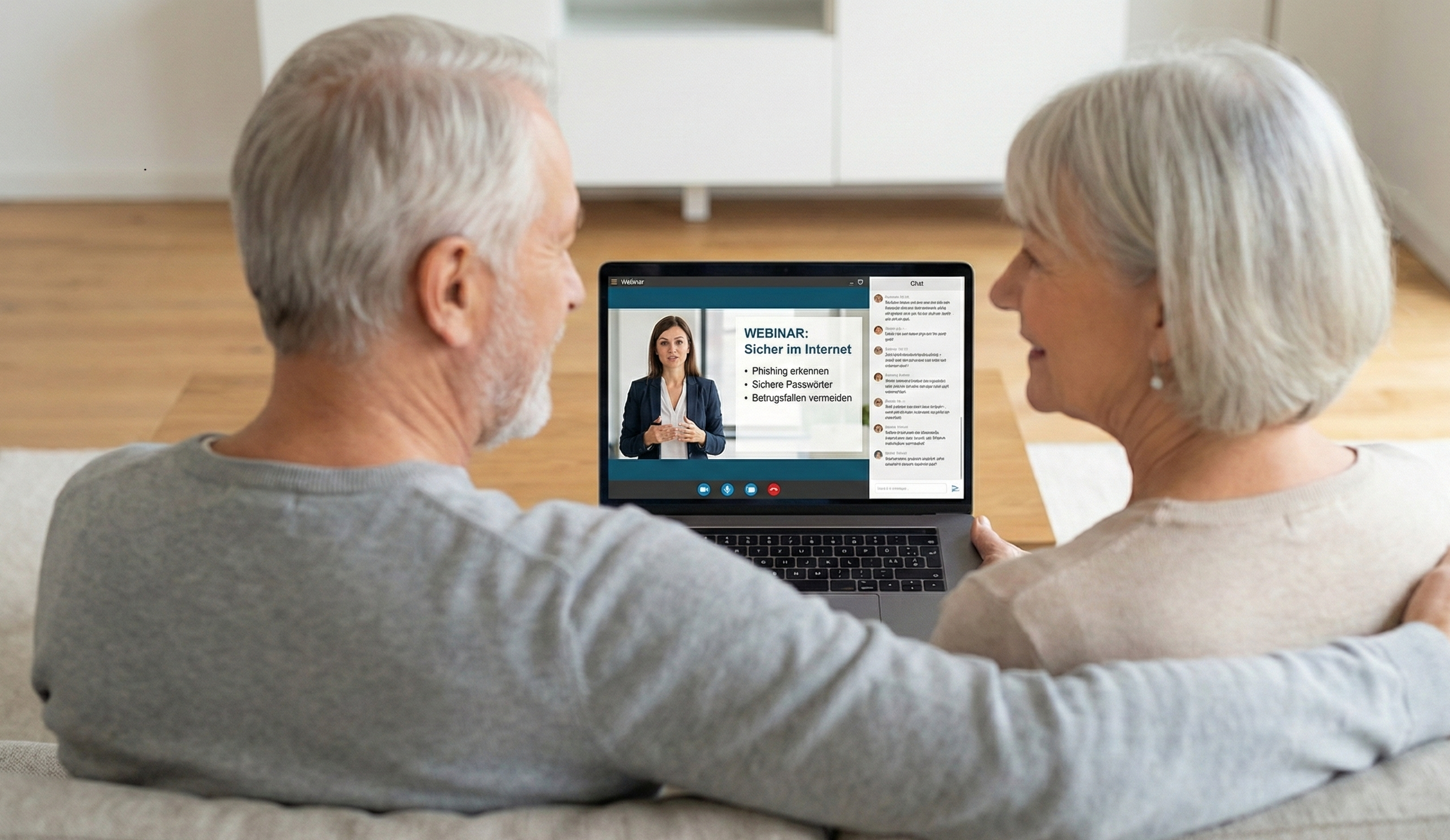 2 Personen nehmen an einem Online-Webinar teil, Bildquelle: VKB / KI-generiertes Symbolbild